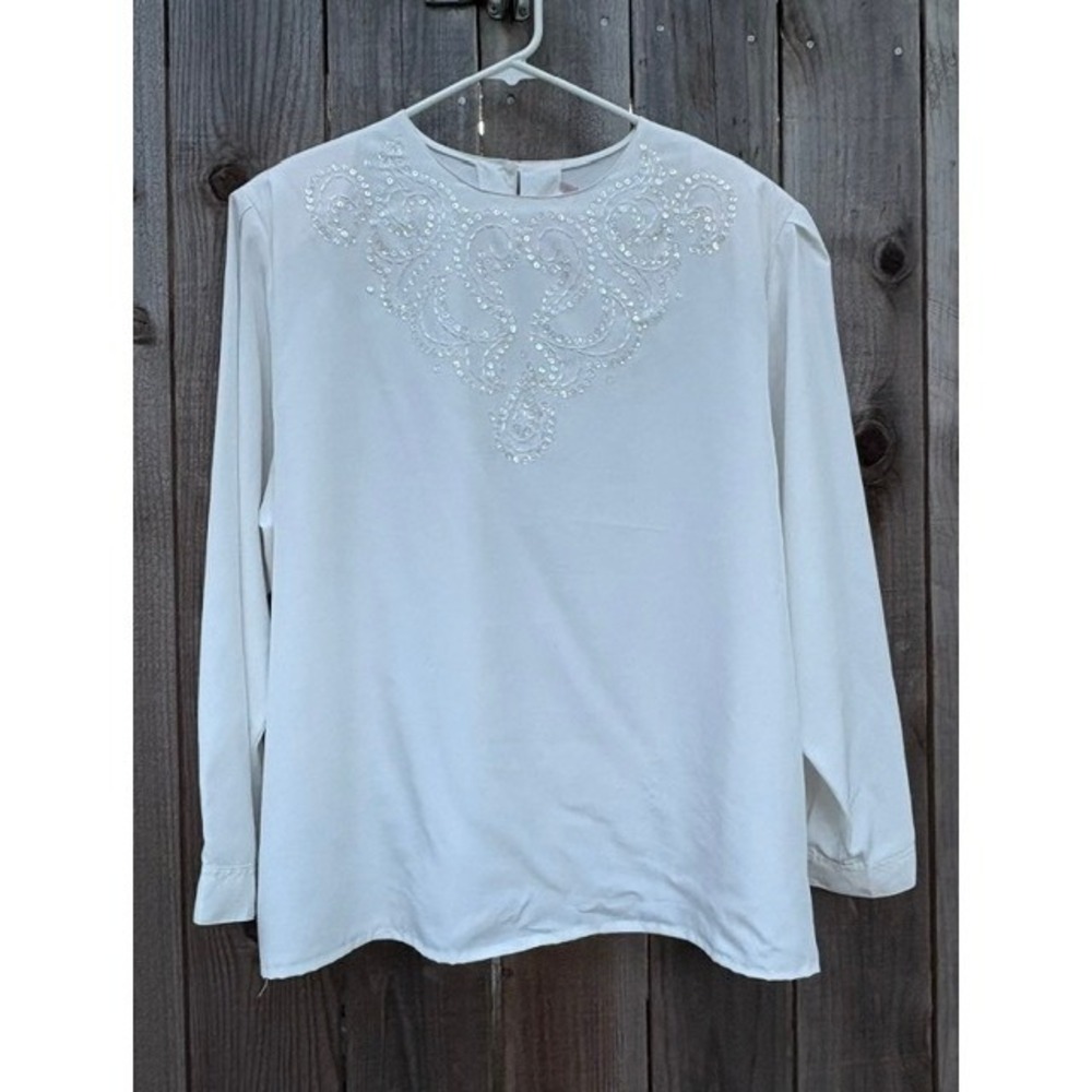 Vintage‎ 80s Special Measures Beaded Sequin Top Plus Sz 42 22W Creamy White